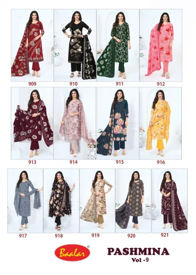 Baalar Pashmina Vol 9, catalog collage showing all 13 individual Pakistani suit designs.