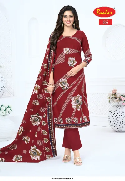 Baalar Pashmina Vol 9, red Pakistani suit with floral print and matching dupatta.