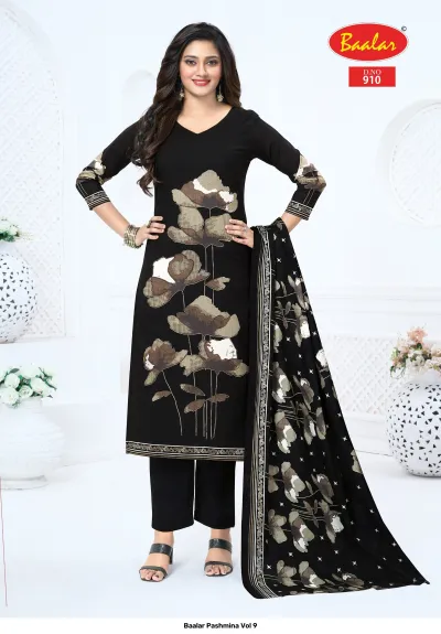 Baalar Pashmina Vol 9, black Pakistani suit with large floral motif and dupatta.