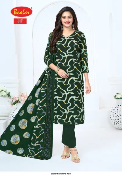 Baalar Pashmina Vol 9, dark green Pakistani suit with abstract swirl pattern and dupatta.