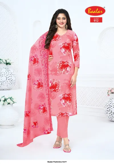 Baalar Pashmina Vol 9, pink Pakistani suit featuring large floral print and matching dupatta.