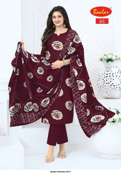 Baalar Pashmina Vol 9, dark maroon Pakistani suit with floral print and detailed dupatta.