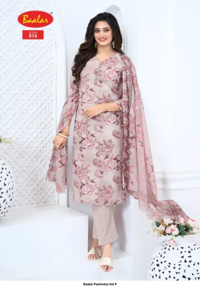 Baalar Pashmina Vol 9, light taupe Pakistani suit with delicate floral print and dupatta.