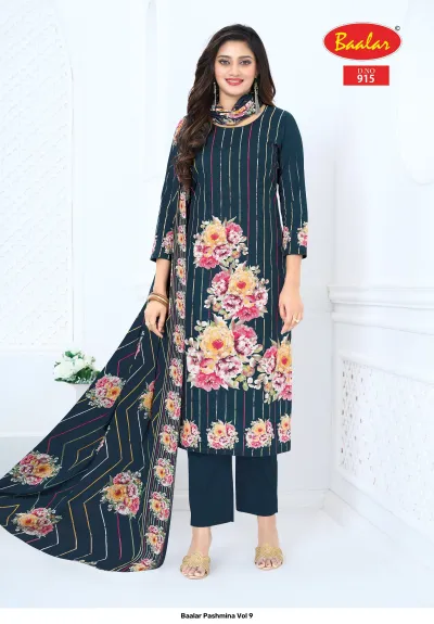 Baalar Pashmina Vol 9, dark teal Pakistani suit with vertical stripes and floral pattern.