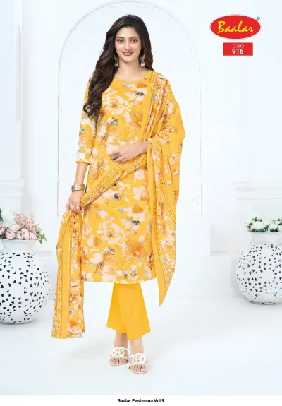 Baalar Pashmina Vol 9, yellow Pakistani suit with all-over floral print and dupatta.
