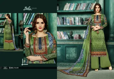 Bela Fashion Eminent Designer D.NO.703: Green salwar suit with printed patterns, long sleeves, and a matching dupatta, displayed in a two-view catalog style.
