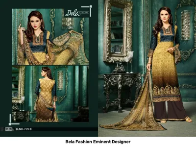 Bela Fashion Eminent Designer D.NO.709: Yellow and dark brown ombre salwar suit featuring printed patterns and a matching dupatta in a catalog format.