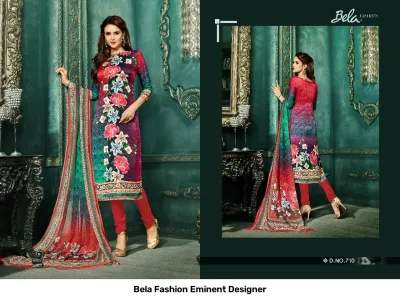 Bela Fashion Eminent Designer D.NO.710: Red and teal floral printed salwar suit with long sleeves and a matching printed dupatta, shown in catalog style.
