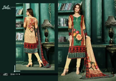 Bela Fashion Eminent Designer D.NO.707: Beige and green floral printed salwar suit with long sleeves and a matching printed dupatta, catalog view.
