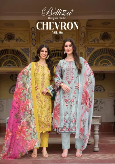 Belliza Chevron Vol 6 catalog cover featuring two models in yellow and light blue printed salwar suits with floral dupattas and thread work.