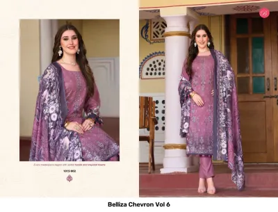 Belliza Chevron Vol 6 purple salwar suit with printed floral pattern, solid pants, and matching floral dupatta featuring subtle thread work.