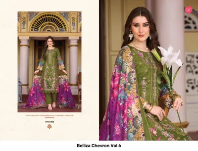 Belliza Chevron Vol 6 olive green salwar suit with floral prints, thread work embellishments, solid pants, and a vibrant purple floral dupatta.
