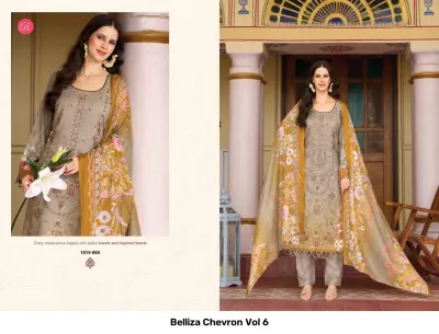 Belliza Chevron Vol 6 taupe salwar suit featuring intricate thread work, matching trousers, and a yellow-toned floral dupatta with printed motifs.