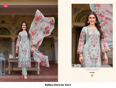 Belliza Chevron Vol 6 light blue salwar suit with floral print, subtle thread work embroidery, solid trousers, and a matching floral dupatta.