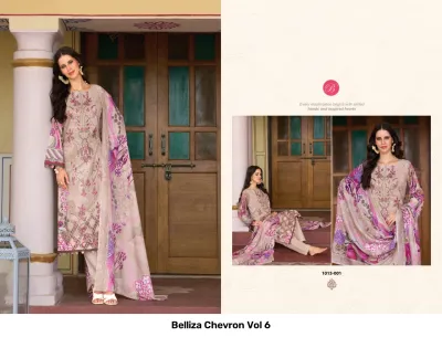 Belliza Chevron Vol 6 beige salwar suit with floral print, thread work embellishment, coordinating pants, and a large printed floral dupatta.