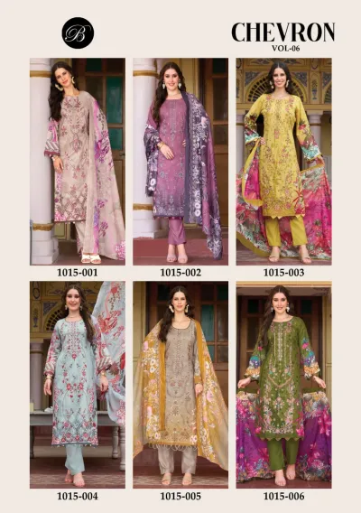 Belliza Chevron Vol 6 catalog collage displaying six different color variations of printed salwar suits with dupattas.