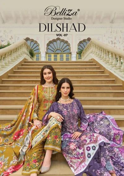 Belliza Dilshad Vol 7 catalog cover featuring two models wearing floral printed salwar suits with thread embroidery.