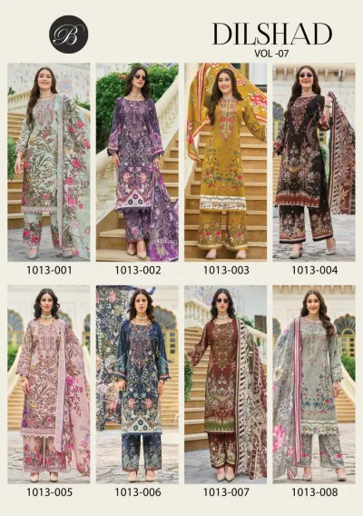 Belliza Dilshad Vol 7 catalog collage showcasing eight different floral printed salwar suit designs from the collection.