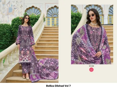Belliza Dilshad Vol 7 purple floral printed salwar suit with thread work embroidery and matching dupatta.