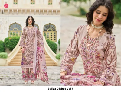 Belliza Dilshad Vol 7 light pink floral printed salwar suit with thread work embroidery and matching dupatta.