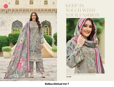 Belliza Dilshad Vol 7 grey floral printed salwar suit with thread work embroidery and matching dupatta.