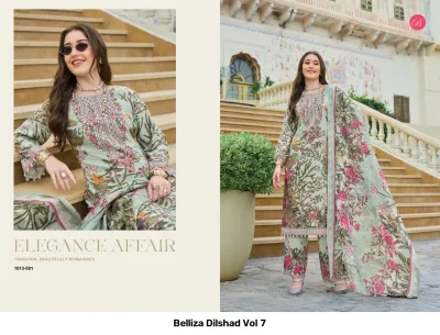 Belliza Dilshad Vol 7 light green floral printed salwar suit with thread work embroidery and matching dupatta.