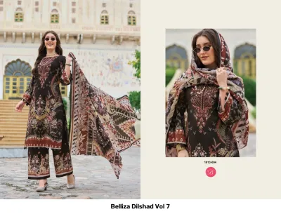 Belliza Dilshad Vol 7 dark brown floral printed salwar suit with thread work embroidery and matching dupatta.