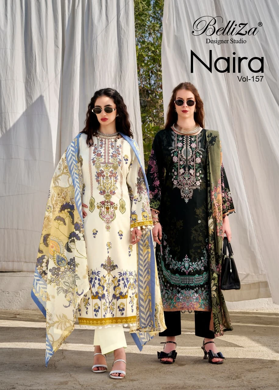 Belliza Naira Vol 157, two models wearing off-white and black salwar suits with floral prints and detailed embroidery.
