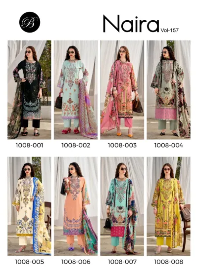 Belliza Naira Vol 157, catalog collage showing eight models in various color salwar suits with floral prints and embroidery.