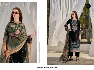 Belliza Naira Vol 157, model wearing a black salwar suit featuring floral prints and thread work, with a matching dupatta.