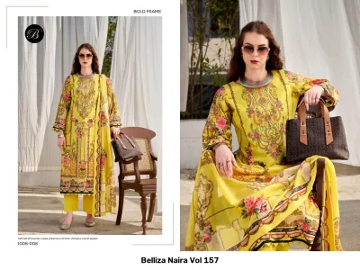 Belliza Naira Vol 157, model wearing a yellow salwar suit with floral patterns and intricate embroidery, includes a matching dupatta.
