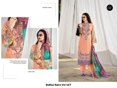 Belliza Naira Vol 157, model wearing a peach-colored salwar suit with floral prints and embroidery, includes a dupatta.
