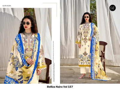 Belliza Naira Vol 157, model wearing an off-white salwar suit with blue and yellow floral prints and embroidery.