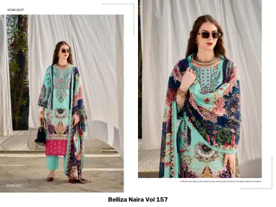 Belliza Naira Vol 157, model wearing a light teal salwar suit with dark floral printed accents and embroidery.