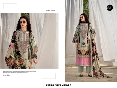 Belliza Naira Vol 157, model wearing a sage green salwar suit with vibrant floral prints and embroidery.