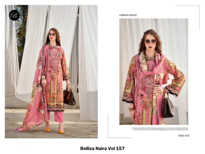Belliza Naira Vol 157, model wearing a pink salwar suit with floral prints and embroidery, paired with a matching dupatta.