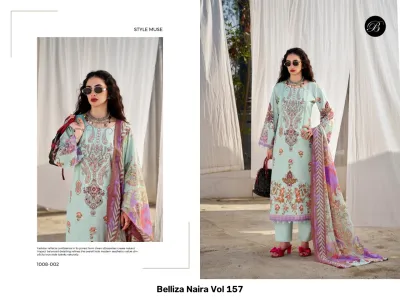 Belliza Naira Vol 157, model wearing a pale blue salwar suit with floral prints, embroidery, and a matching dupatta.