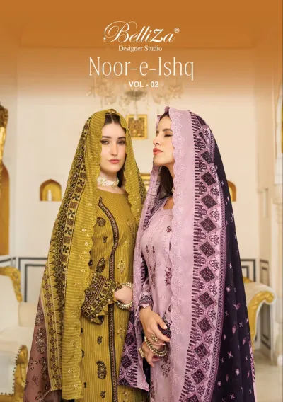 Belliza Noor E Ishq Vol 2 catalog cover showing two women in mustard and lilac printed salwar suits with embroidered dupatta borders.