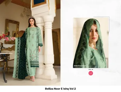 Belliza Noor E Ishq Vol 2 mint green printed salwar suit with dark green dupatta featuring thread work and scalloped embroidered edges.