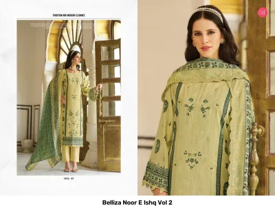 Belliza Noor E Ishq Vol 2 light yellow straight cut salwar suit with green printed patterns and matching dupatta featuring thread work details.