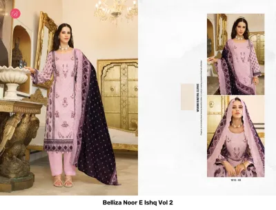 Belliza Noor E Ishq Vol 2 lilac printed salwar suit with deep purple dupatta, featuring delicate embroidery and scalloped lace borders.