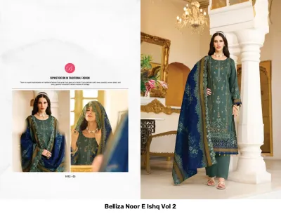 Belliza Noor E Ishq Vol 2 dark green printed salwar suit with matching patterned dupatta and straight trousers with intricate thread work.