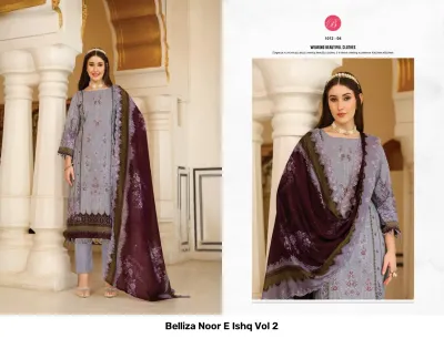 Belliza Noor E Ishq Vol 2 lavender straight cut salwar suit with deep maroon dupatta, featuring all-over printed patterns and scalloped embroidery.