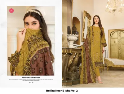 Belliza Noor E Ishq Vol 2 mustard yellow printed salwar suit with dark brown dupatta, featuring detailed thread work and patterned borders.