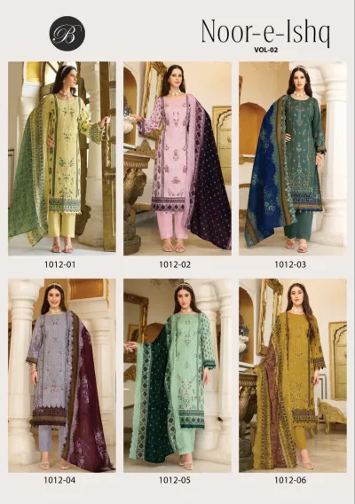 Belliza Noor E Ishq Vol 2 catalog collage showing six different color variants of printed straight cut salwar suits with matching dupattas.