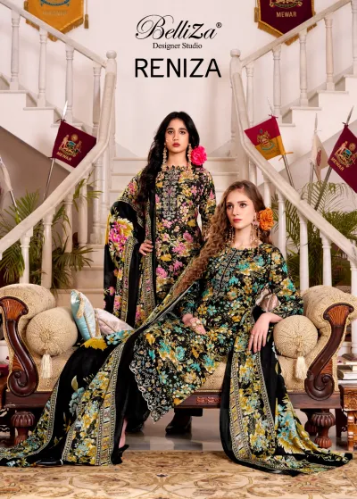 Belliza Reniza: A catalog cover featuring two models wearing black floral printed salwar suits with thread work details.