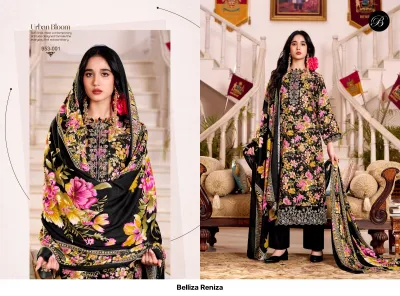 Belliza Reniza 953-001: A black floral printed salwar suit with thread work embellishments on the neckline and hem.