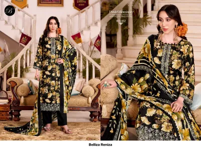 Belliza Reniza 953-002: A black floral printed salwar suit featuring yellow and green floral patterns with subtle thread work.