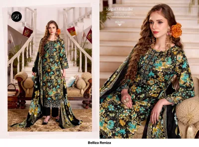 Belliza Reniza 953-003: A black floral printed salwar suit decorated with teal and yellow floral patterns and neckline thread work.