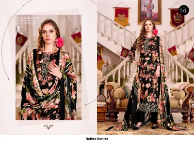 Belliza Reniza 953-004: A black floral printed salwar suit with pink and green floral patterns and detailed thread embroidery.